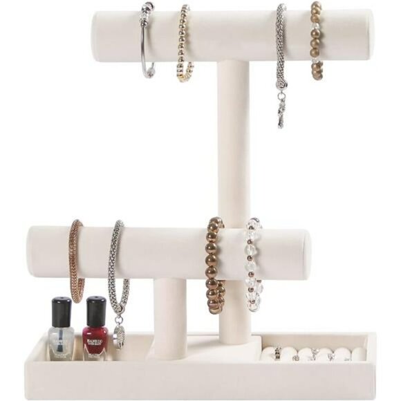 Velvet Jewelry Organizer Stand Bracelet Necklace Holder with Ring Tray Beige - Picture 1 of 8